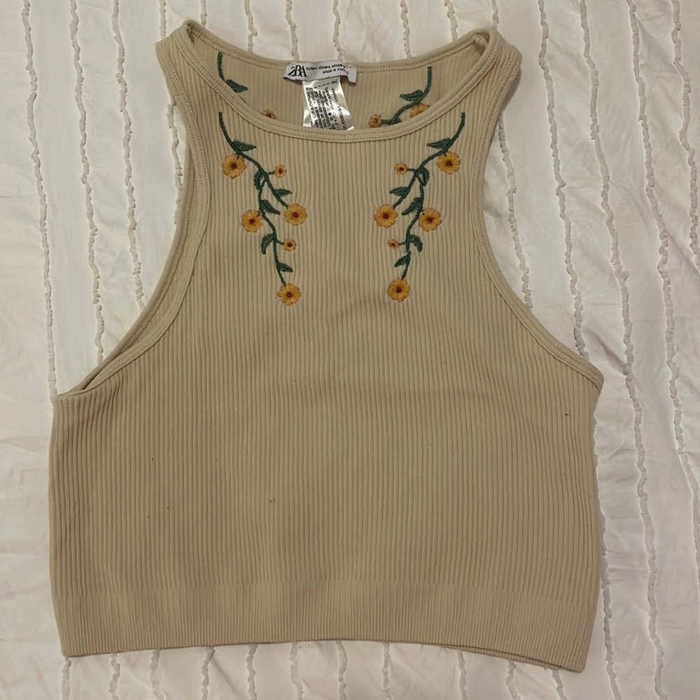 zara beige embroidered tank